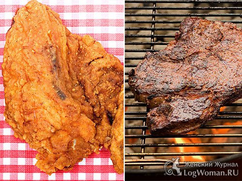 Свежий стейк с горячего гриля или хрустящие и вкусные жареные куриные бедра Свежий стейк с горячего гриля или хрустящие и вкусные жареные куриные бедра