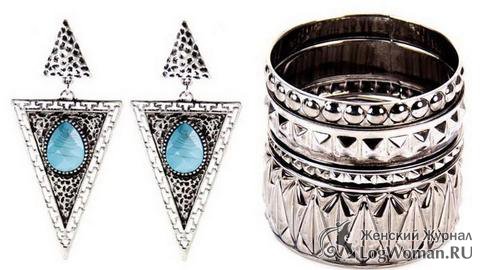 Треугольные серьги с натуральным голубым камнем и крупный браслет с орнаментом Треугольные серьги с натуральным голубым камнем и крупный браслет с орнаментом