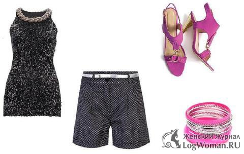 Желтые шорты, укороченный пиджак, золотые босоножки и золотой клатч